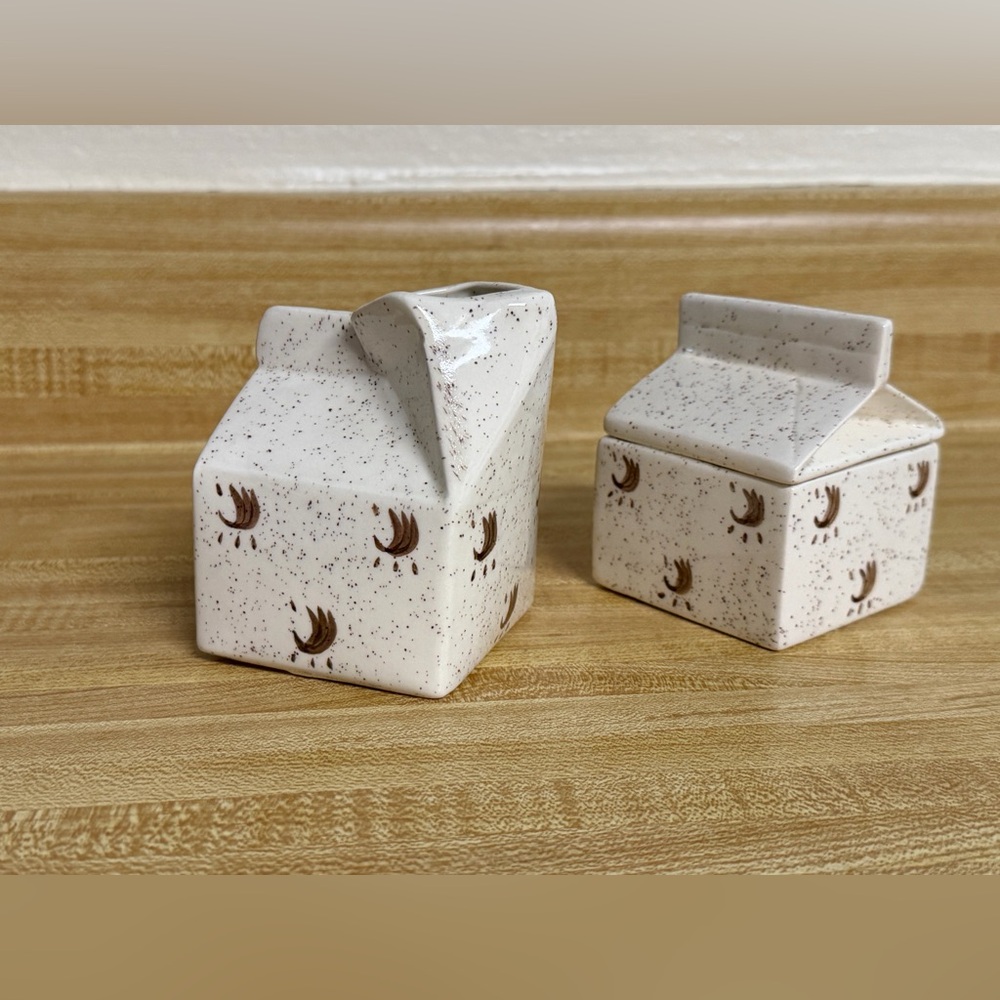 Speckled Ceramic Milk Carton Decor, sugar and creamer set